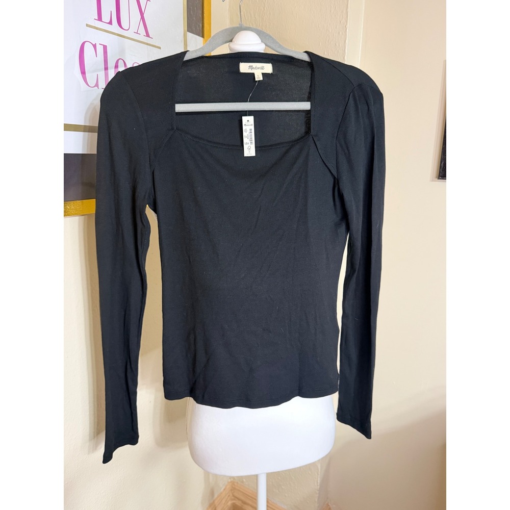 Madewell Womens Ribbed Square Neck Long Sleeve Top Black Large BK5229 NEW